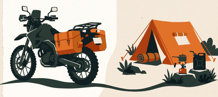 Illustrated loaded motorcycle beside a campsite